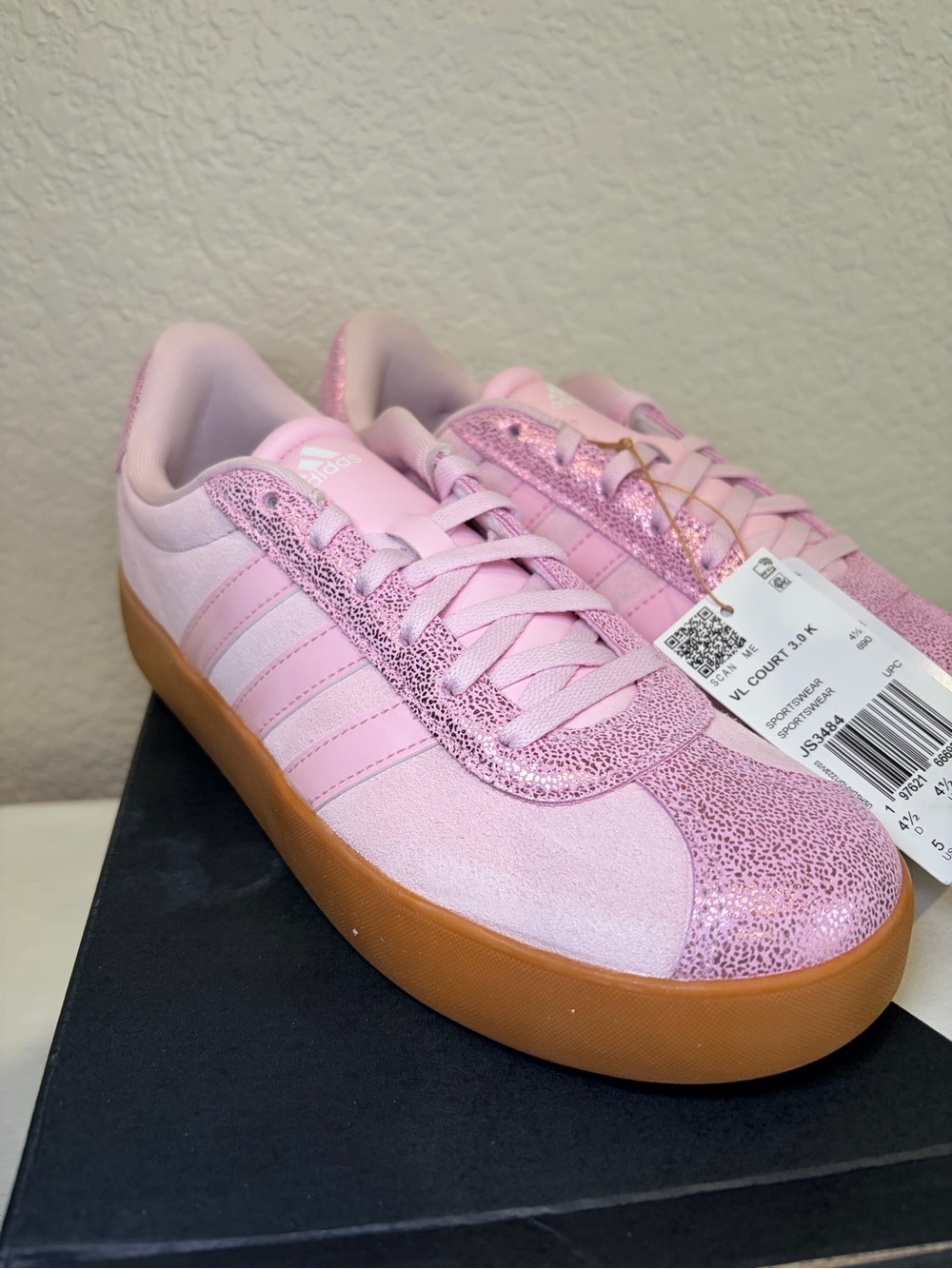 Adidas VL Court 3.0 Pink Glitter Low-Top Sneakers Size 5Y/6.5 women NEW